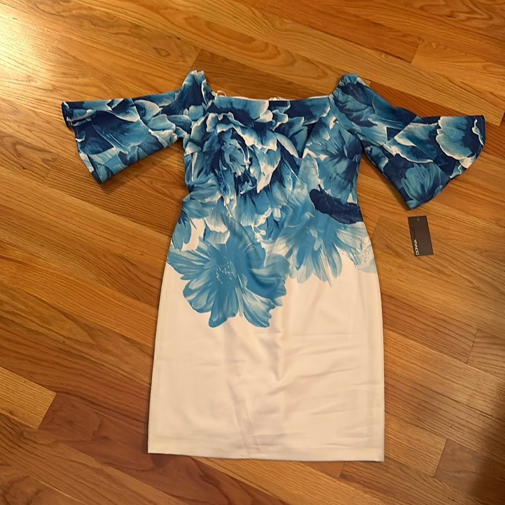 Dona Ricco NWT. Blue and white off the shoulder dress. Size 12